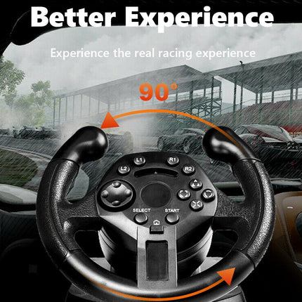 A racing steering wheel controller shown in a car interior with a racing track scene visible through the windshield. Orange graphic arrows and the text '90°' and 'Better Experience' are overlaid to demonstrate steering angle and performance.