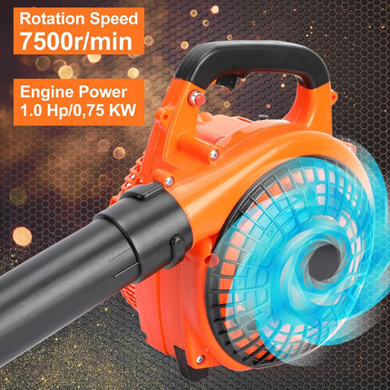 Orange and black leaf blower with engine power and rotation speed details on a dark background