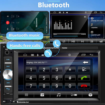 Car stereo system with Bluetooth and hands-free call features on a blue background