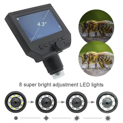 Black handheld insect macro camera with a 4.3-inch screen, shown alongside two circular inset images of a bee and a diagram of eight adjustable LED lights.