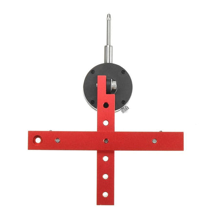 A red and black metal mounting bracket with a vertical silver rod and circular dial component, isolated on a white background.