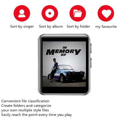 A digital promotional graphic for a music player or media organizer interface, showing a rectangular screen with album art reading 'In Memory of' and a blue car, surrounded by red circular icons labeled 'Sort by singer', 'Sort by album', 'Sort by folder', and 'my favourite', plus descriptive text below on file classification and folder creation.