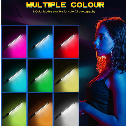 A promotional graphic for a multi-color LED light bar. The left side shows a 3x3 grid of the light bar emitting different colors (magenta, blue, red, cyan, green, yellow, orange, white, and black).