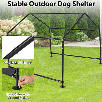 Stable outdoor dog shelter with metal frame and base plates on grass