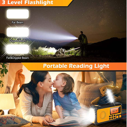 A promotional composite for a portable flashlight and reading light. The top half shows a night outdoor scene with a person using the light beam to read in the dark, labeled '3 Level Flashlight' with beam diagrams.