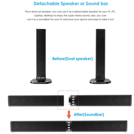 Detachable speaker or sound bar with dual speaker and soundbar configurations on a white background.
