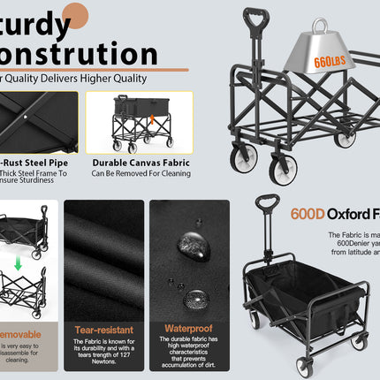 Black folding cart with features highlighted on a gray background