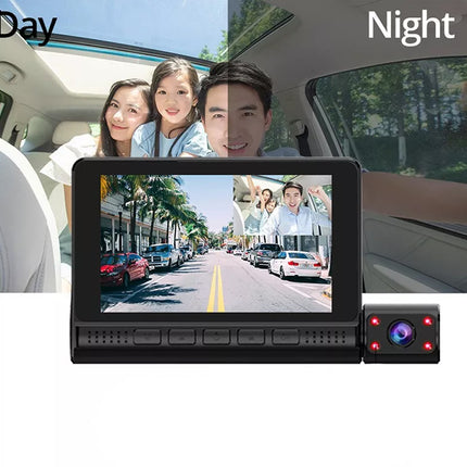 A car rear-view monitor and camera system shown on a white background, with a split-screen comparison labeled Day and Night above it. The main product is a black rectangular display screen with a small side-mounted camera module featuring red indicator lights.