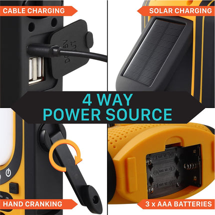 Emergency Weather Radio - Solar & Hand-Crank Power Source | 6000mAh Power Bank IP66 Waterproof LED Camping Lantern FM/NOAA SOS Alarm Orange