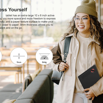 Woman holding a tablet with text about its features