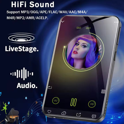 Phone with a music player app on screen, featuring HiFi Sound, LiveStage, and Audio text.