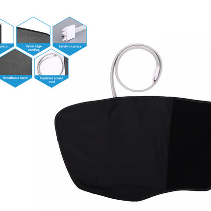 Black seat cover with handle on a white background, featuring icons and text about product features.