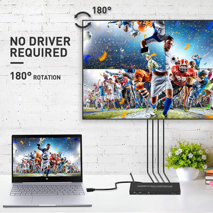 Laptop connected to a monitor displaying sports graphics with 'No Driver Required' text.
