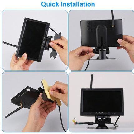 Step-by-step guide on installing a small monitor with quick installation text above.
