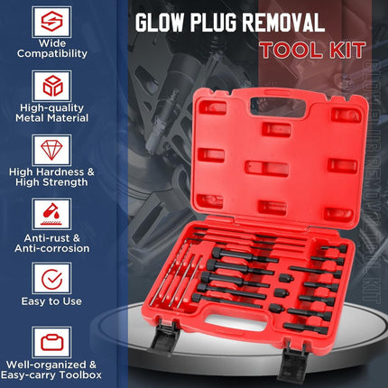 Glow Plug Removal Tool Kit featuring a red plastic toolbox with an open lid showing various removal tools, set against a dark background with a blue sidebar highlighting product features.