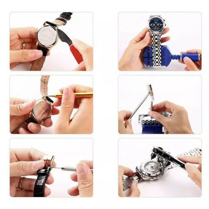Step-by-step process of adjusting a watch using tools.