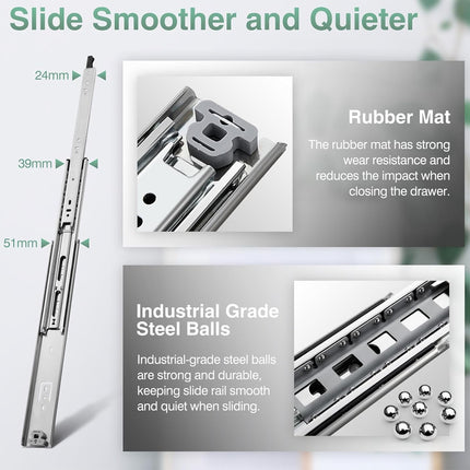 Slide smoother and quieter feature with industrial-grade steel balls and rubber mat on a white background.