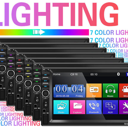 A set of black car stereo headunit receivers with colorful screen displays, arranged in a fan-like layout on a white background with large 'LIGHTING' text and multicolored graphic overlays.