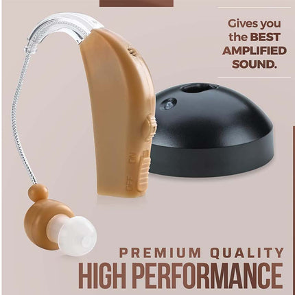 Hearing aid device with text highlighting 'Best Amplified Sound' and 'Premium Quality High Performance'.