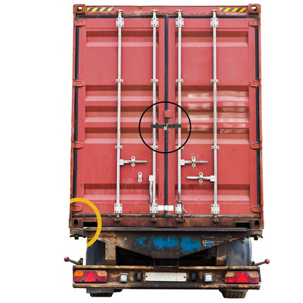 Rear view of a red shipping container on a truck, showing double doors with silver locks and handles, a black circular highlight over the center latch area, and a yellow highlight near the lower left side.