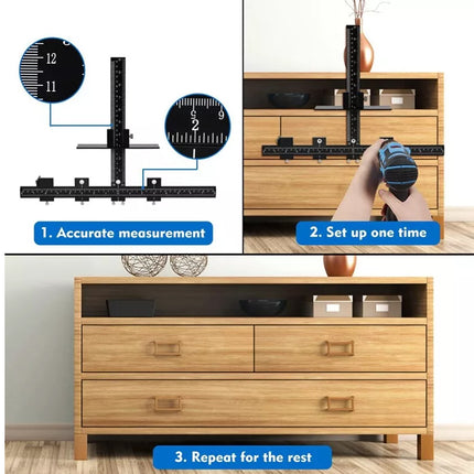 Instruction graphic for a wooden dresser leveling system, showing three steps: accurate measurement with magnified scale details, setting up the leveling tool on a dresser, and repeating the process for other drawers. The dresser is made of light natural wood with metal handles.
