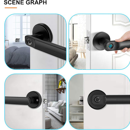 A collage showing a black smart door handle installed on a white door in four different room settings, with one panel showing a hand holding the handle. The image includes the text 'SCENE GRAPH' at the top.