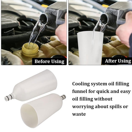 Before and after using a cooling system oil filling funnel with text describing its benefits.