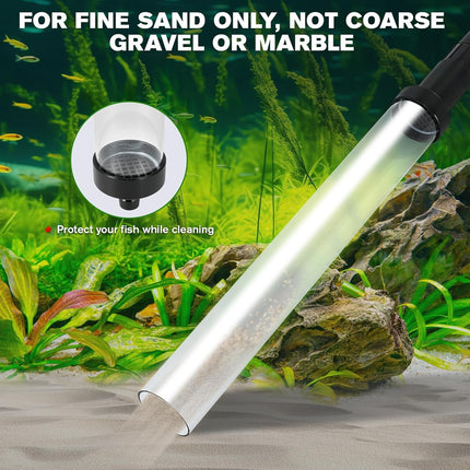 Aquarium cleaning tool with text indicating use for fine sand only, not coarse gravel or marble, set against an aquarium background.