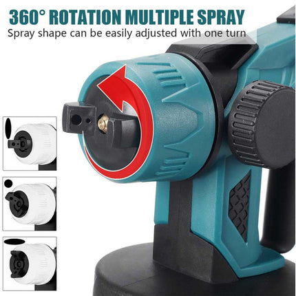 Close-up of a teal and black spray nozzle with a red arrow graphic indicating 360-degree rotation for multiple spray angles. Text at the top reads '360° ROTATION MULTIPLE SPRAY' and three small inset images on the left show different spray patterns.