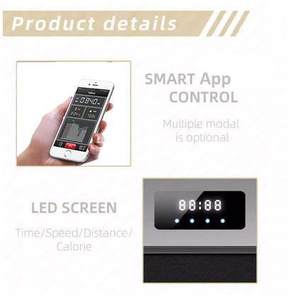 Smart app control device with LED screen displaying time, speed, distance, and calories.