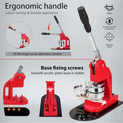 Red manual press machine with ergonomic handle and base fixing screws on a gray background