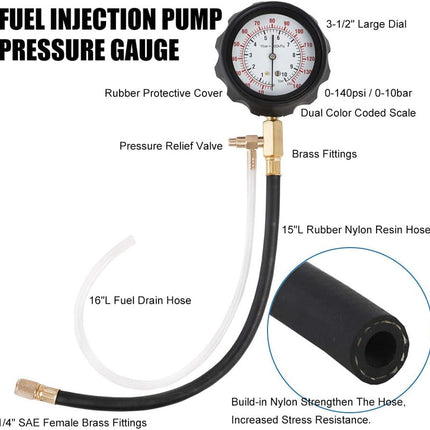 Fuel injection pump pressure gauge with labeled parts on a white background