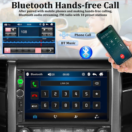 Car stereo system with Bluetooth hands-free call interface and smartphone displaying similar interface.