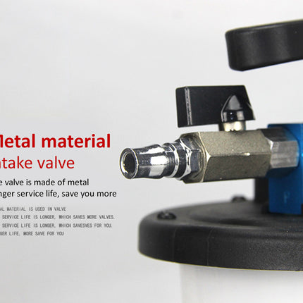 A close-up of a metal intake valve component with a blue housing and black mounting parts, shown against a light gray background with red and black text describing the product.