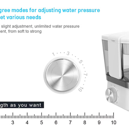 A water pressure adjustment control graphic showing a white and silver countertop device with a large metallic dial, plus explanatory text and a 0-10 scale for pressure strength.