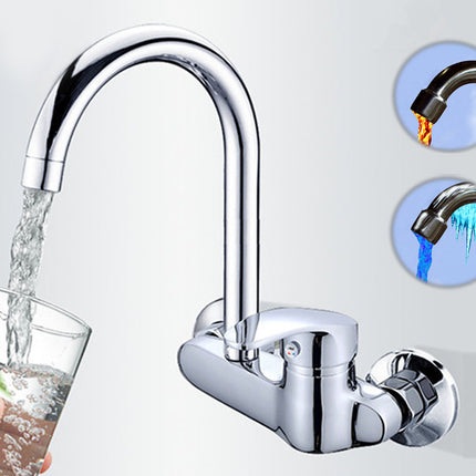 Chrome kitchen faucet with water flowing into a glass, set against a light gray background.