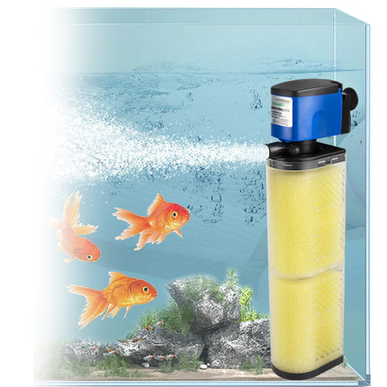 Aquarium filter with goldfish swimming inside