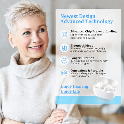 Woman wearing a white turtleneck sweater with a product advertisement on the right side.