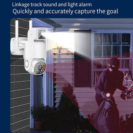 Security camera system with light and sound alarm on a house exterior, showing a burglar. Text indicates linkage track sound and light alarm.