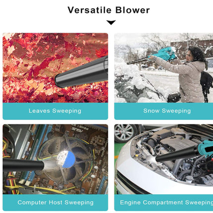 Versatile blower shown in four usage scenarios: sweeping red autumn leaves, snow, a computer fan, and a car engine compartment. The image features a black blower nozzle in each panel, with text labels at the bottom.