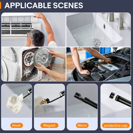 Collage of various scenes with tools labeled 'Hook', 'Magnet', 'Mirror', and 'protective cap' on a dark background.