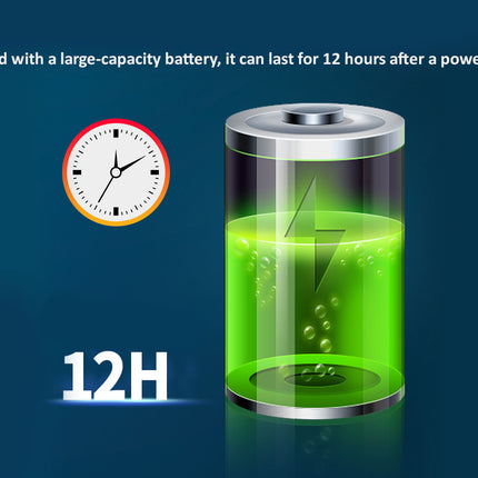 Battery with green liquid and clock icon on a blue background, indicating 12-hour capacity.