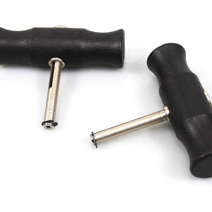Two black handles with metal shafts on a white background