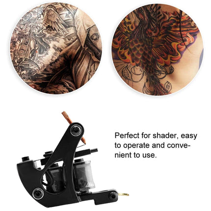 Tattoo machine with two circular images of tattoos on a white background
