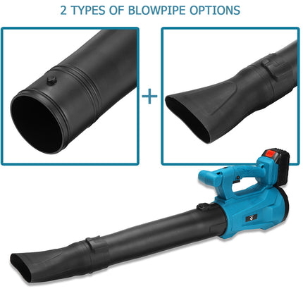 Blue handheld blower with two black nozzles on a white background