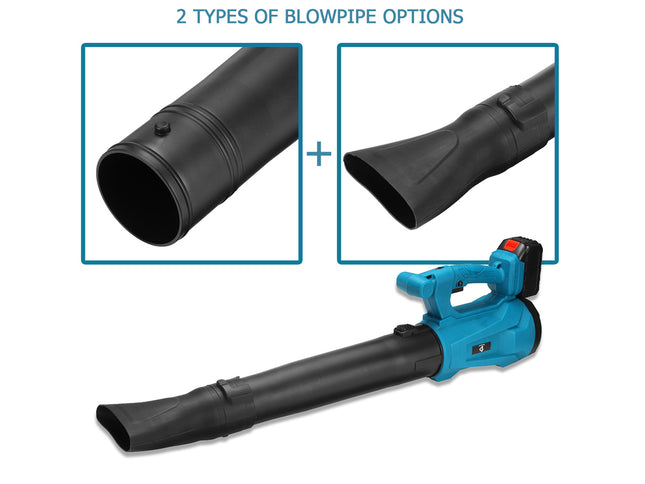 Blue handheld blower with two black nozzles on a white background
