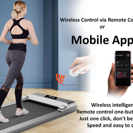 Woman using a treadmill with wireless control via remote control or mobile app displayed.