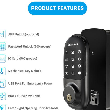 Smart lock with features listed on a white background