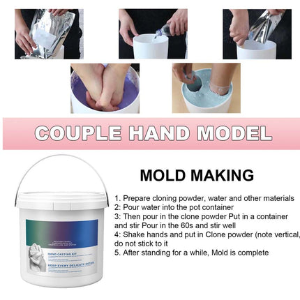 Instructions for making a mold using a couple hand model with images and text.