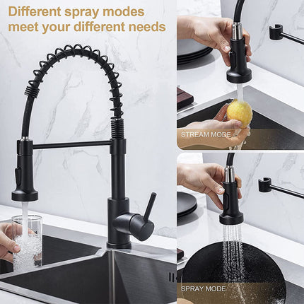 Black pull-down kitchen faucet shown in a sink with water, alongside inset demonstration photos of stream mode and spray mode, with text reading 'Different spray modes meet your different needs'.